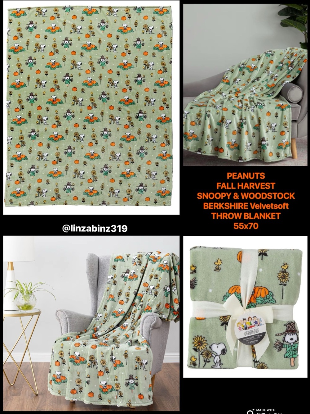 NWT-BERKSHIRE- Peanuts- Snoopy & Woodstock- Green Fall VelvetSoft Blanket 55x70